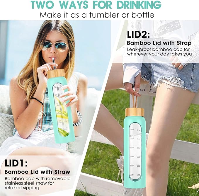 32 oz Glass Water Bottle with Straw - Motivational Time Marker & Silicone Sleeve - Reusable Tumbler Includes 2 Bamboo Lids & Fruit Infuser - 1 Pack