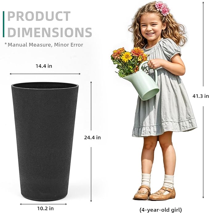 24" Tall Planters for Outdoor Plants, Set of 2 Heavy-Duty Resin Flower Pots, Matte Black Leather Grain Finish, Durable & Weather-Resistant, Ideal for Garden, Patio, Yard, Porch, or Home Use