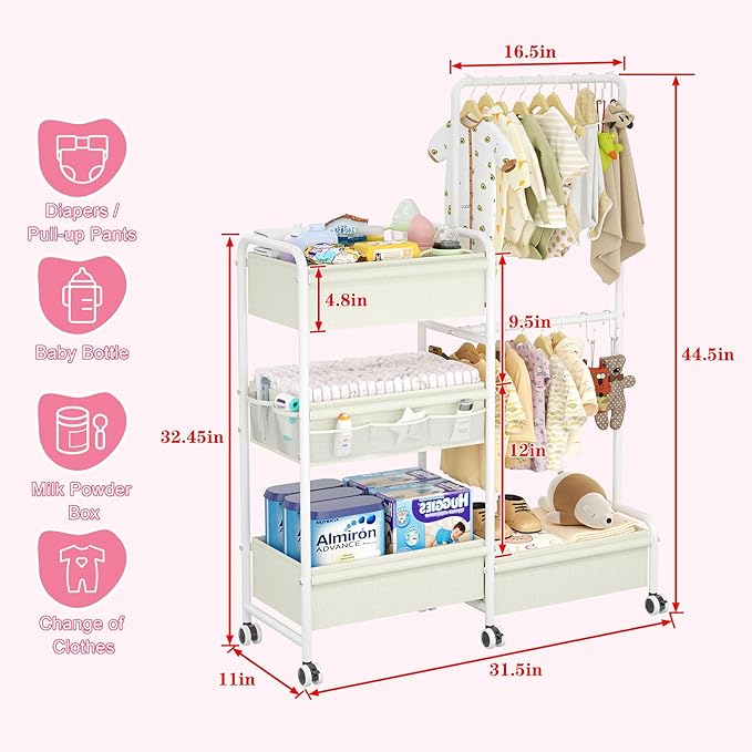 2in1 Baby Diaper Caddy & Clothes Organizer and Storage Rolling Cart, Large Capacity Nursery Organization For Baby Dresser,Changing Table, Crib, With 2 Dividers & 7 Pockets,White