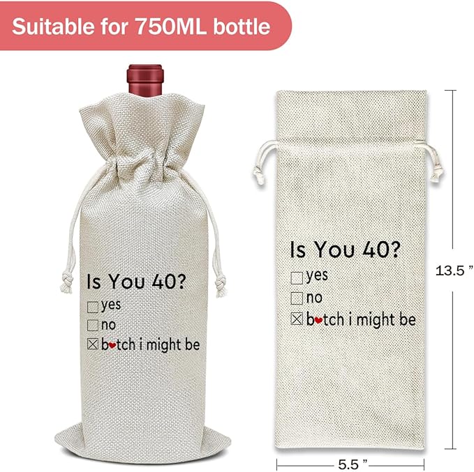 Birthday Wine Bag, Funny Wine Gifts for Women Men, 40th Years Birthday Gifts for Mom Wife Friend Bestie, Party Favor Wine Champagne Gift Bag With Drawstring -04