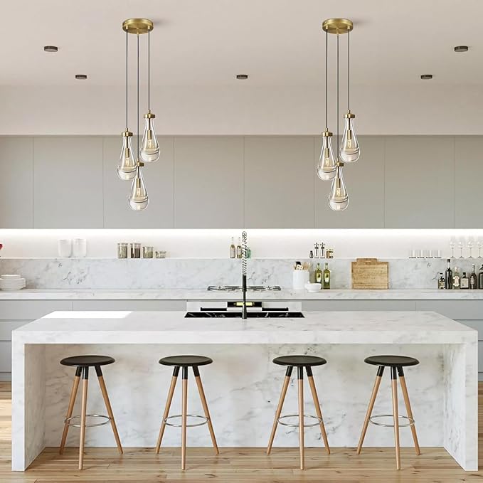 Brass 3 Light Pendant Lighting for Kitchen Island, Raindrop Cluster Pendant Light Fixture, Adjustable Hanging Rope Glass Chandelier Dining Room Light Fixture Ceiling Lamp for Foyer Hallway