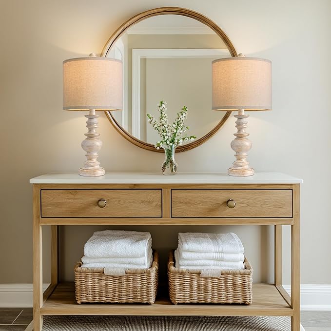 BOBOMOMO 20" Retro Table Lamps Set of 2 - Farmhouse Lamp for Living Room with Linen Shades, Rustic Bedside Nightstand Lamps, Resin Lamps for Bedroom Nursery Room Hallway - Ideal for Compact Spaces