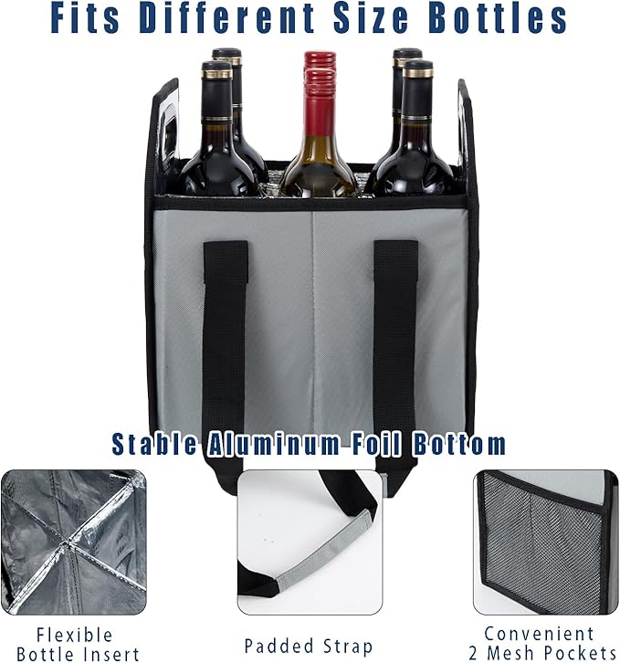 Bottle Wine Carrier Collapsible 6 Bottle Storage Box Reusable Portable Wine Bottle Carrier Case for Tote Bag Moving, Vacation Bottle Caddy Grocery Shopping Wine Tasting Accessory