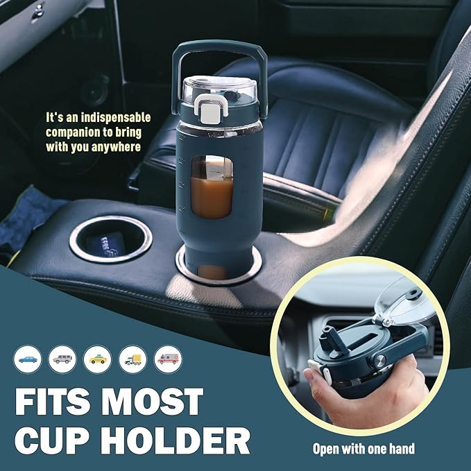 BLUEGO 32oz Glass Water Bottle with Handle and Straw|Leakproof Sports Glass Bottle with Time Marker and Silicone Sleeve|Glass Drinking Bottle for Travel, Gym, Workout, Dark Blue