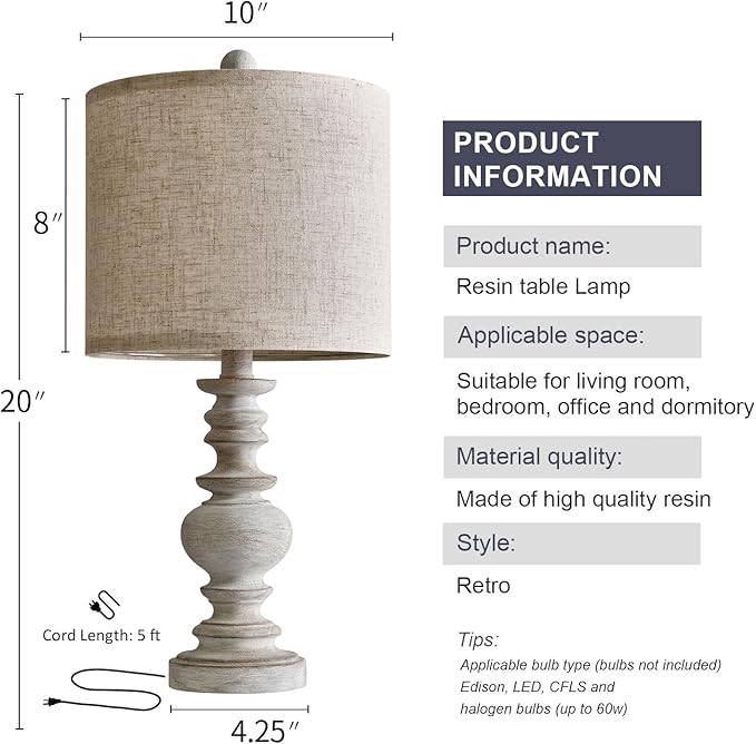 BOBOMOMO Tradition 20" Rustic Table Lamp Set of 2 for Living Room Bedroom Bedside Desk Lamps Bedroom Nightstand Vintage Lamps Linen（Suitable for Decorating Small Areas）