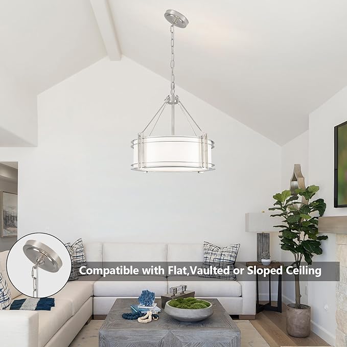 16.3''Drum Chandelier 3-Light Brushed Nickel Modern White Fabric Chandeliers Adjustable Drum Pendant Light for Dining Room Kitchen Island Hallway Living Bedroom