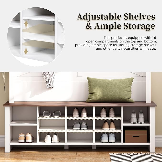 Ball & Cast 4-in-1 Hall Tree with 6 Hooks,Walnut Entryway Bench with Adjustable Shelves,Rustic Shoe Organizer with 16 Open Compartments,for Mudroom,Living Room,Hallway,White