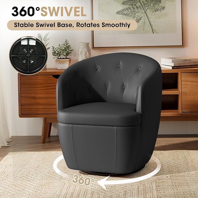 360° Swivel Leather Accent Chair, Modern Barrel Club Chair with Leather Upholstery and Sturdy Base, Comfortable Armchair for Living Room, Bedroom, Reading Nook, Brown