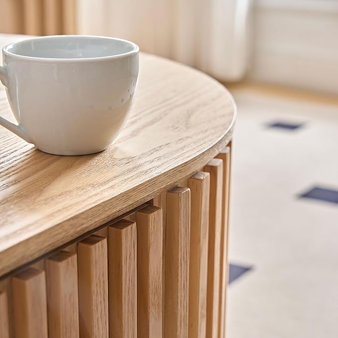 51.18'' Oval Coffee Table for Living Room Fluted Center Table with Drawer, Mid Century Modern Coffee Tables, Easy Assembly for Office Storage Tea Table Oak