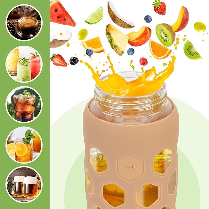 32oz Water Bottles with Straw and 2 Lids Spout Lid & Bamboo Lid, Glass Tumblers with Top Handle, BPA FREE Reusable Glass Water Bottle with Silicone Sleeve-1 Pack