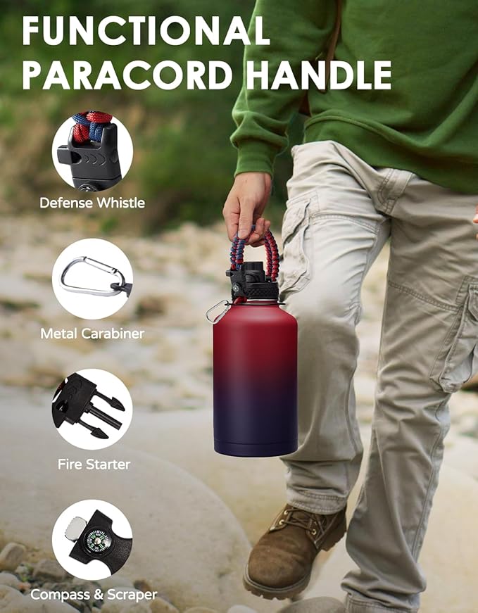 64 OZ Insulated Water Bottle - Half Gallon Water Bottle with Straw, Auto Spout Lid, Protective Boot & Paracord Handle, Stainless Steel 1/2 Gallon Jug Wide Mouth, Keep Cold 48H & Hot 24H
