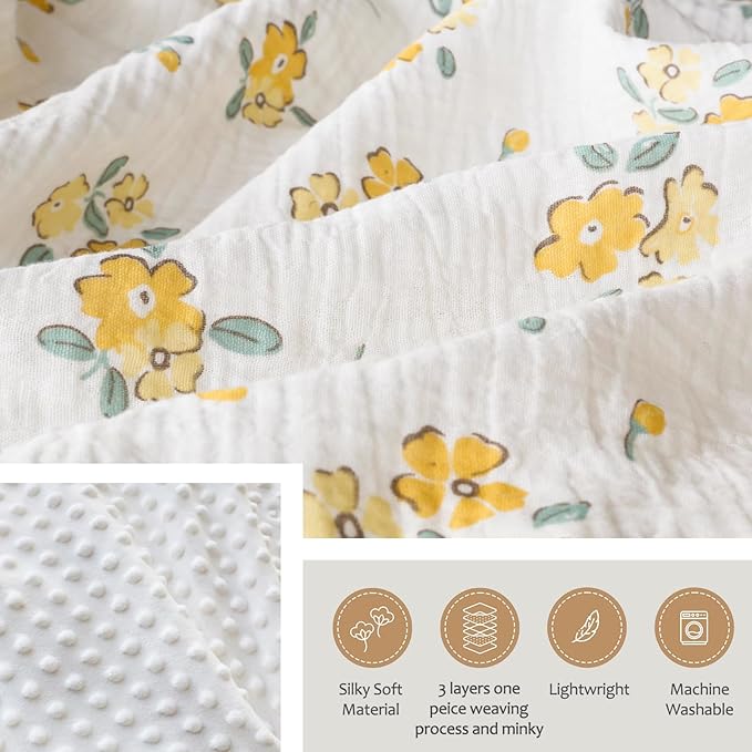 Baby Blankets for Unisex Boys Girls Super Soft Nursery Minky Blankets with Breathable Muslin Cotton Front and 3D Touch Dotted Fleece Backing, Floral Printed Bed Throws Newborn