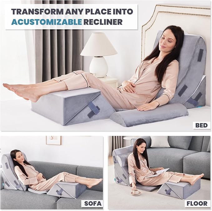 BDEUS 6PCS Extra Wide 25 Inch Orthopedic Bed Wedge Set for Sleeping, Post Surgery, Pain Relief, Acid Reflux, Adjustable Leg, Back and Arm Support, Sitting Up and Rest Pillow with Travel Bag