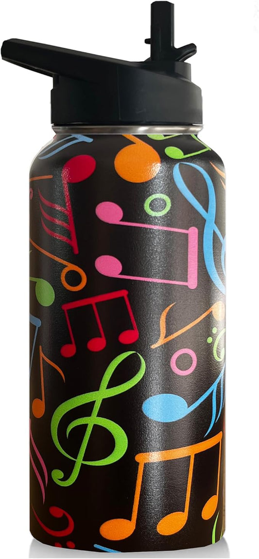 32 oz Music Water Bottle Insulated Vacuum Stainless Steel Sports Water Bottle with 2 Lids (Straw and Spout Lid) for Gym Camping Hiking