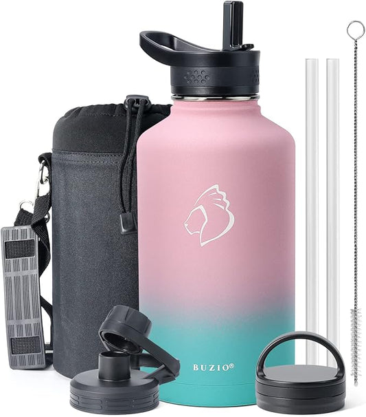 BUZIO Water Bottle with Straw lid, Spout Lid, Hand Lid and Carrying Pouch, 32oz 40oz 64oz Stainless Steel Water Flask Jug, Cold for 48 Hrs Hot for 24 Hrs Double Vacuum Thermo Canteen Mug, BPA-Free