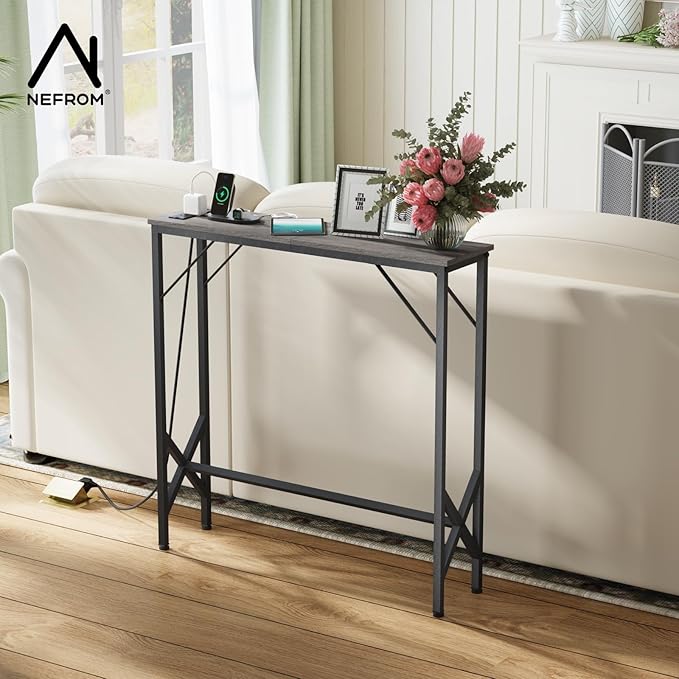 31.5‘’ Console Table, Skinny Entryway Table with Fast-Charging Station, Narrow Long Sofa Table, Behind Slim Couch Table for Entrance, Hallway, Living Room Decor ST-GY80-1