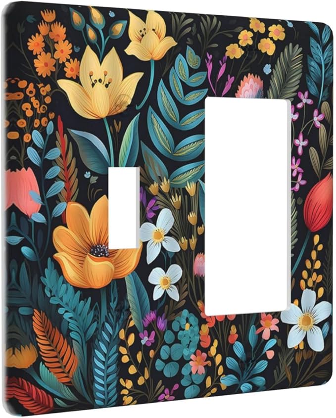 Boho Floral Vintage Flower Leaves Rustic Wildflower Plants 2 Gang Single Toggle Rocker Combination Light Switch Covers Wall Plate Cover Electrical Faceplate Decorative Switchplate for Country Bedroom