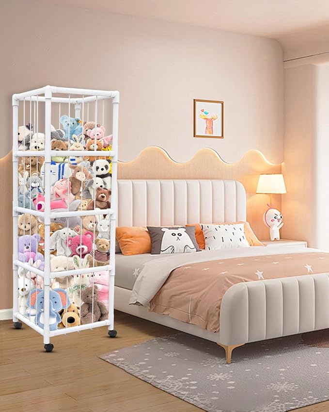 71" Extra Large Stuffed Animal Storage, Stuffed Animal Zoo Storage Cage, Premium PVC with Wheels Toy Storage Holder, Plush Toys Corner Organizer for Kids Playroom, Bedroom, Nursery