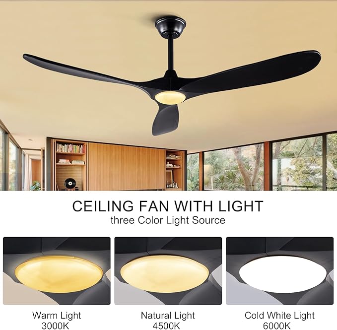 BOJUE 60 Inch Ceiling Fan with Lights Indoor Outdoor Black Ceiling Fan 3 Wooden Blades Remote Control with Light Modern Ceiling Fan for Porch Living Room Bedroom