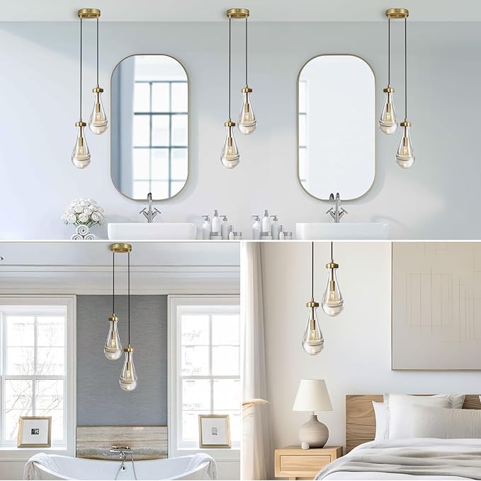 Brass Raindrop Pendant Lights Kitchen Island 2-Light, Cluster Gold Pendant Light Fixture for Bedroom, Dimmable Dining Room Light Fixture Hanging Pendant Lighting Ceiling Chandelier for Foyer
