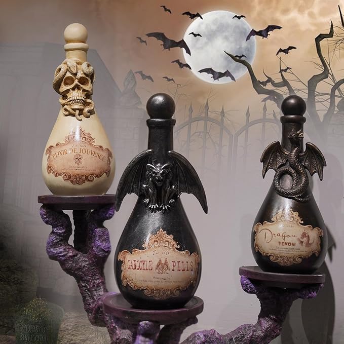 Braxio Halloween Home Decor Potion Bottles - Resin Black Bad Dragon Halloween Potion Bottles Gothic Decor Decorative Bottles Room Decor Aesthetic for Day of The Dead 4.25 * 4.25 * 9.5 Inch