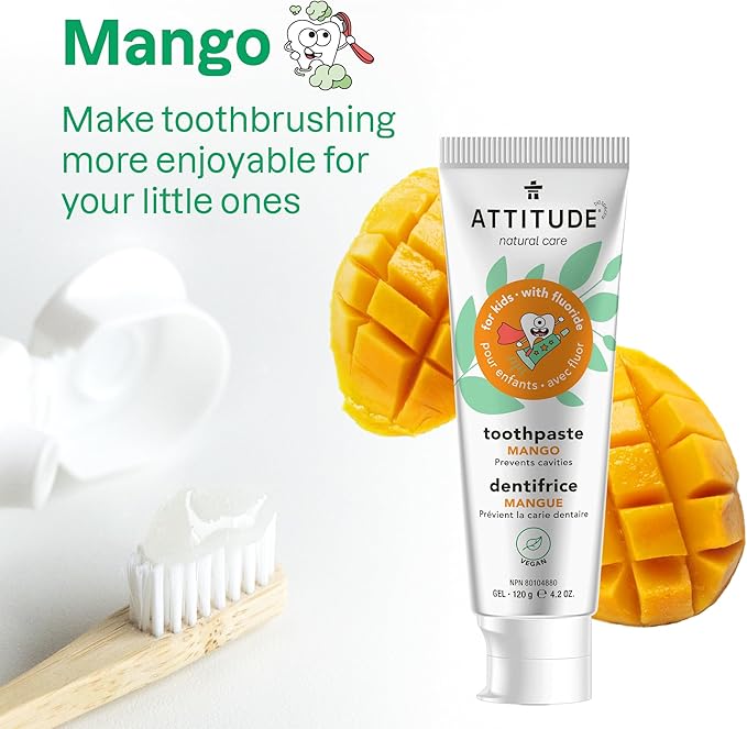 ATTITUDE Toothpaste with Fluoride, Prevents Tooth Decay and Cavities, Vegan, Cruelty-Free and Sugar-Free, Mango, 4.2 Oz