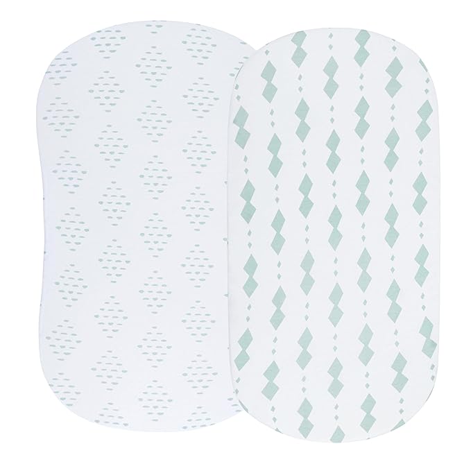 Bassinet Sheets Fitted Cover - Flexible Fit 100% Soft Jersey Knit Cotton - Neutral Grey Sage Diamond - 2 Pack Set