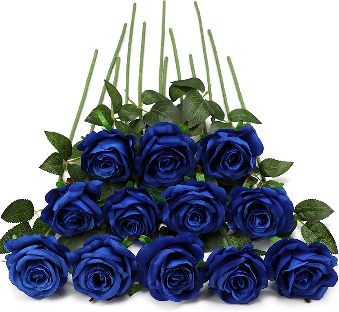 Blue Fake Roses Artificial Flowers - 16 Pcs Fake Artificial Roses Silk Flowers with Stems for Home Wedding Hotel Office Centerpiece Decor