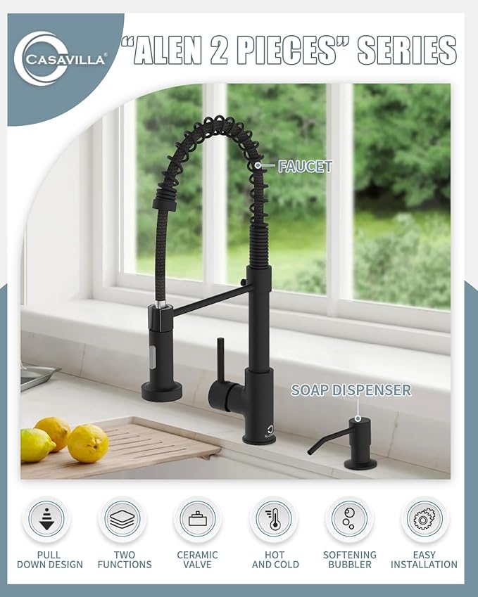 Black Kitchen Faucet, Kitchen Faucet with Soap Dispenser, Faucet for Kitchen Sink, Single Handle Stainless Steel Kitchen Sink Faucets with Pull Down Sprayer, Camper Farmhouse RV Sink Faucet