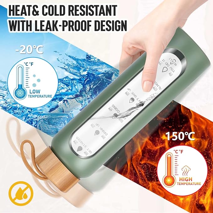 Aqulea Glass Water Bottles 25 Oz with Silicone Sleeve - BPA Free Reusable Wide Mouth Glass Motivational Water Bottles with Fruit Infuser – Leak Proof Borosilicate Water Bottle with Time Marker (Green)