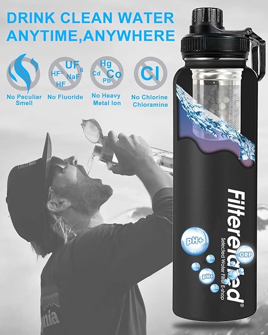 30oz Stainless Steel Portable Alkaline Filter Water Bottle, Creates Up to 9+ Ph of Quality Water, Sports Travel Water Bottle, Removes Water Impurities