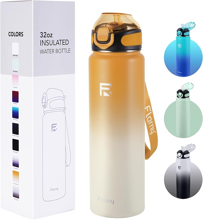 32 oz Insulated Water Bottle with Straw, Stainless Steel Metal Thermos Bottles, Durable Non-Slip Gradient Bottle with Strap for Sports and Travel, Leak Proof (Yellow White)