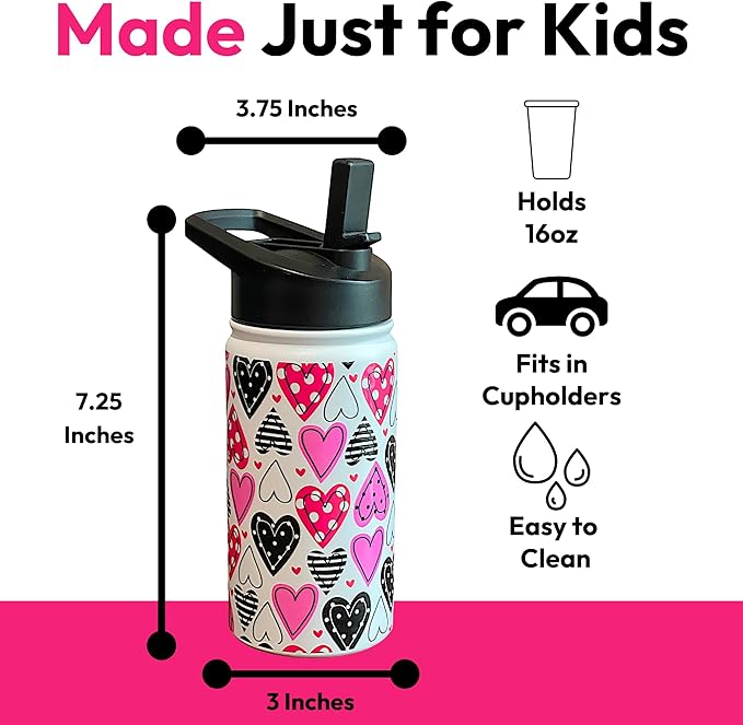 Biddlebee Kids Water Bottle with Straw Lid | 14oz Insulated Stainless Steel Reusable Bottles for School | Leak Proof Cap with Handle & Touch Free Spout | Great for Boys & Girls