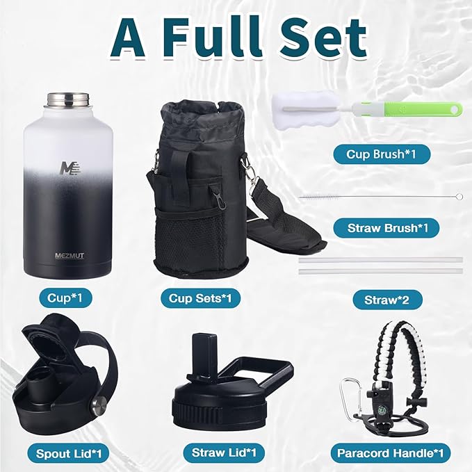 64oz Insulated Water Bottle with Paracord Handle,Half Gallon Water Bottle Jug with Straw & Spout Lids,Stainless Steel Sport Thermo Water Jug Leak-proof Keep Cold Hot for Outdoor Camping Hiking