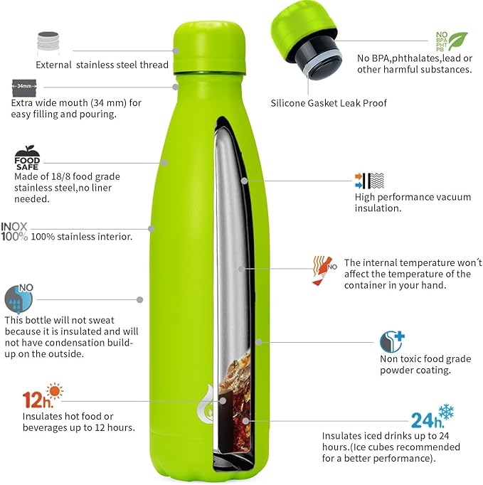 BJPKPK Stainless Steel Water Bottles 17oz Insulated Water Bottle Dishwasher Safe Sports Water Bottles for Travel-Green