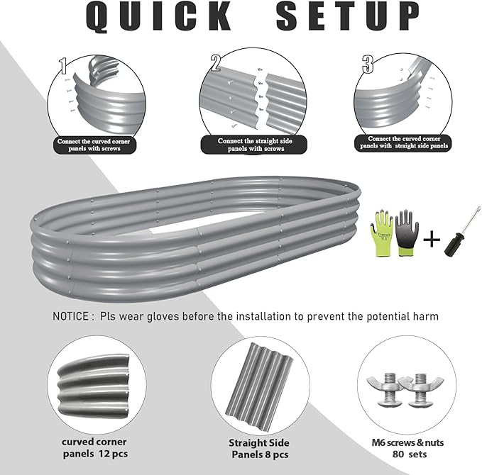 2 Pack 8x4x1FT Galvanized Raised Garden Bed Kit Oval Metal Ground Planter Box Outdoor Bottomless Planter Raised Beds for Vegetables Flowers Herbs Fruits, Gray
