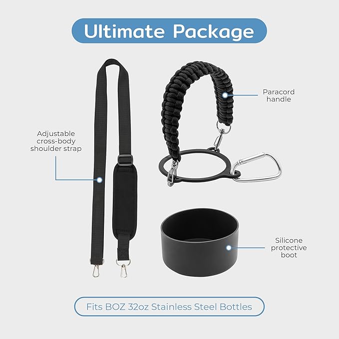 BOZ Water Bottle Strap Kit - Paracord Handle, Water Bottle Boot, Adjustable Water Bottle Shoulder Strap - Water Bottle Straps for Carrying, Water Bottle Handle Strap for 32oz Bottles