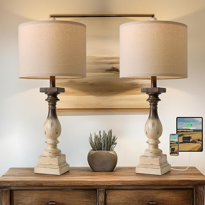 BOBOMOMO 27" Farmhouse Table Lamps with USB-A +C Ports, Vintage Rustic Side Table Lamps Set of 2, Linen Shade, Retro Bedside Night Stand Lamps for Living Room, Bedroom, Office, Home Decor