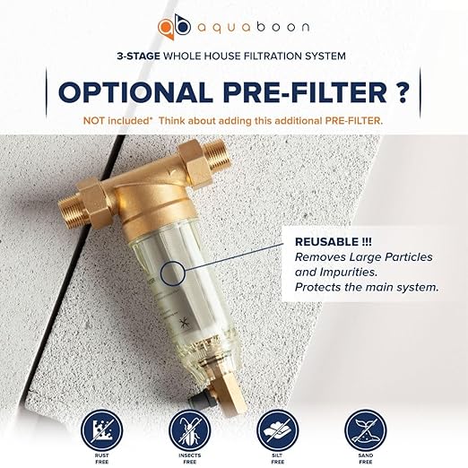 Aquaboon Whole House Water Filter System for Well Water - w/ 5 Micron Water Filter 20"x4.5" Sediment, Anti-Scale, CTO Filters - White Coated Bracket, Wrench & Pressure Gauge & Release Button (1" Port)