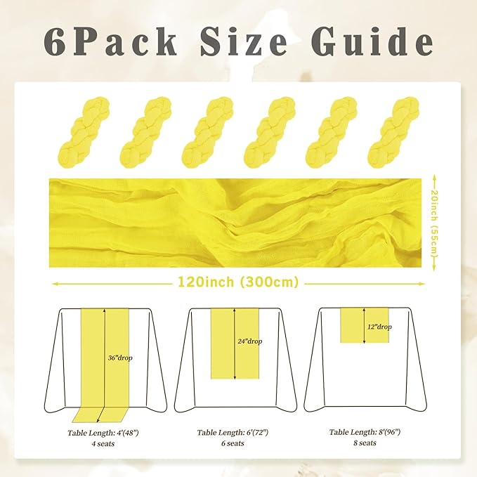 6 Pack Yellow Cheesecloth Table Runner 20 x 120 Inch Long Rustic Gauze Cheese Cloth Table Runner for Wedding 10FT Bridal Baby Shower Table Decorations Boho Fabric Sheer Birthday Party Table Decor