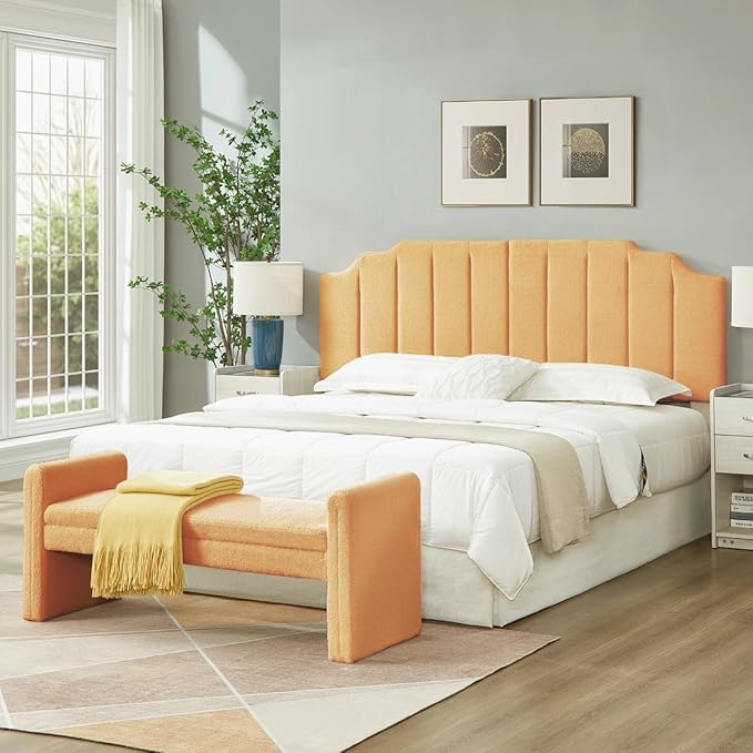 24KF Yellow Teddy Fabric Tufted King Upholstered Headboard, Modern Vertical Channel Design California King Headboard with Stepped Silhouette Top Edge,6026-K-Teddy Yellow