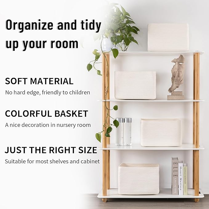 4 Pack Storage Baskets for Organizing Toys, Towels, and Clothes, Woven Basket for Shelves, Sturdy Nursery Cube Bins for Storage, 13''L x9''W x7.8''H, White