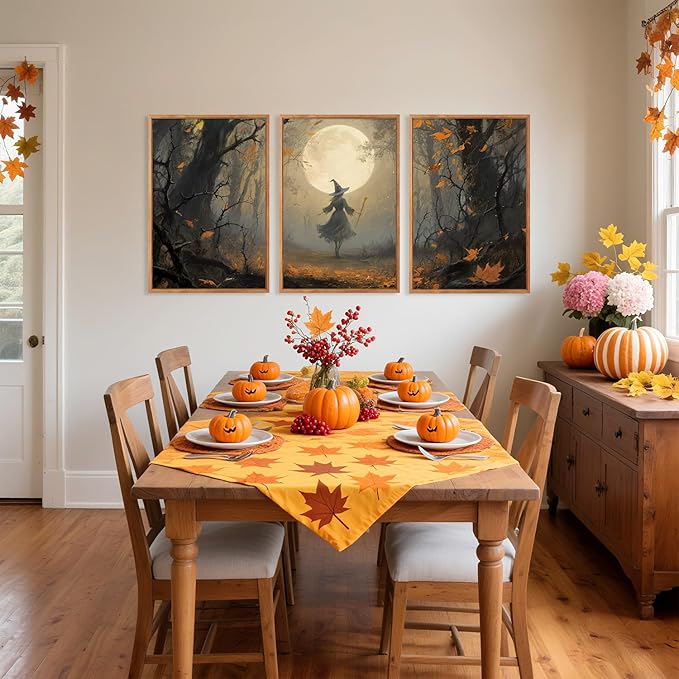 Aurlan Moonlight Witch in The Maple Forest Framed Wall Art(16"x24"), 3PCS Vintage Magical Witchy Gothic Halloween Canvas Artwork, Dark Academia Mystical Midnight Landscape Decor for Home Office Bedroom