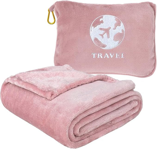 Bnuitland Travel Blanket and Pillow 2 in 1, Soft Flannel Airplane Blanket in Bag Compact-Long Flight Essential for Adults and Kids, Portable Luggage Sleeve and Backpack Clip, 65×40 inch Pink