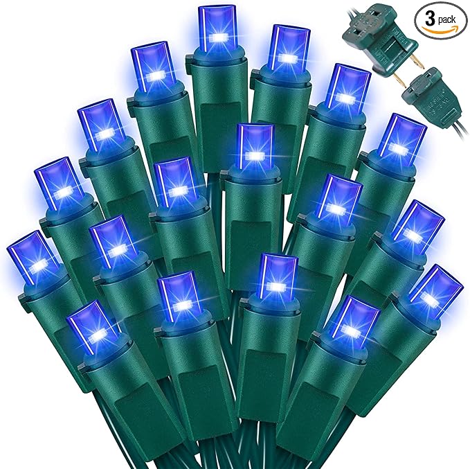 Blue Wide Angle LED Christmas Lights, 64.8 Ft 300 Count, Pack of 3 Strands 21.9 Ft 100 Lights UL Certified Commercial Grade Green Wire 5mm Holiday String Light