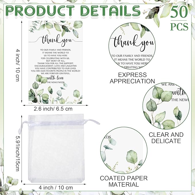 Barydat 50 Sets Wedding Favors for Guests Bulk Engraved Wood Wine Bottle Corks Wine Stopper with Wedding Thank You Cards and Organza Bags Wedding Appreciation Gifts for Guest Thank You Gifts (Stylish)