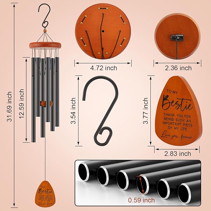 Bestie Gift for Women, Friend Gifts for Women, Unique Friendship Sister Gifts for Birthday, Mothers Day, Christmas, 32 Inch Wind Chimes Gift for Home Decor