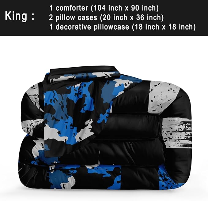 Bedbay American Flag Comforter Set King Teen Boys Military Bedding 4Pcs Camouflage Bedding Kingsize Flag Camo Comforter Set Soft Lightweight Army Comforter Duvet Insert for All Season(Blue,King)