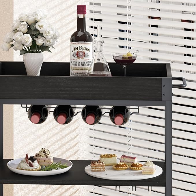 Bar Cart Serving Wine 3 Tier Home Rolling Rack with Wheels Mobile Kitchen Industrial Vintage Style Wood Metal Serving Trolley Serving Cart, Drink Cart for Living Room Kitchen