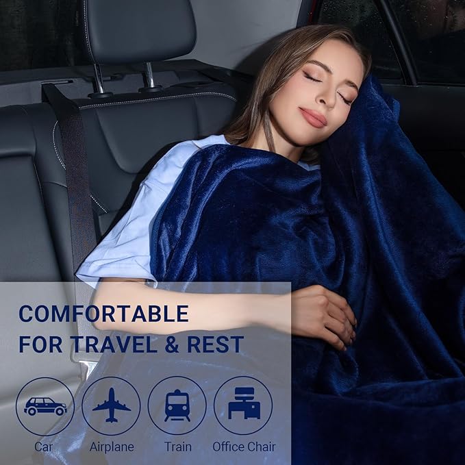 3 in 1 Travel Pillow and Blanket Set, Premium Soft 300 GSM Thick Airplane Blanket Compact with Bag for Long Trips Essentials, Hand Luggage Sleeve and Backpack Clip (Navy)